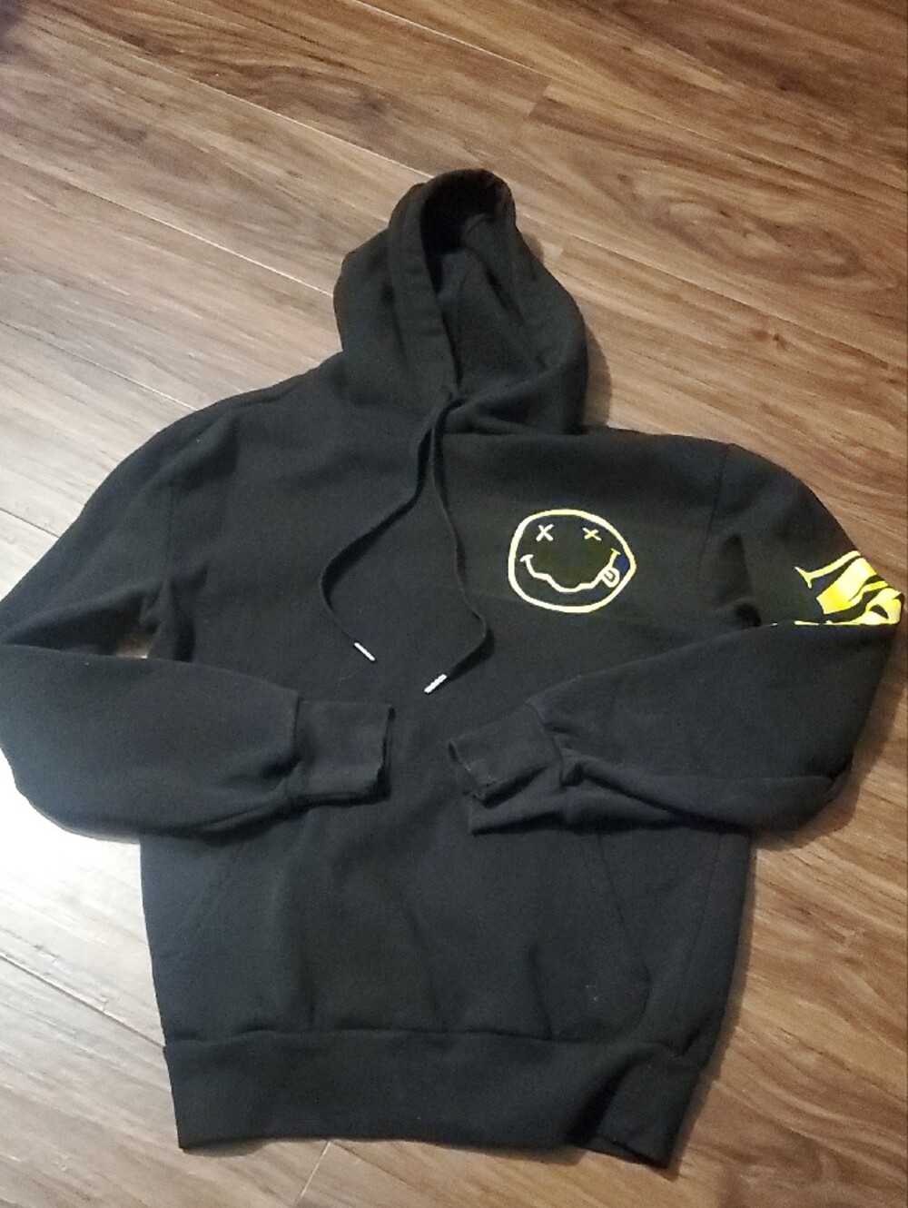 NIRVANA Black Hoodie with Yellow Smiley and Sleeve Text - Picture 4 of 7